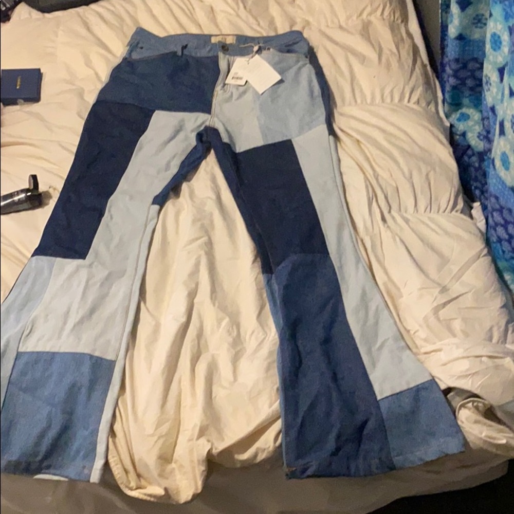 light blue/ multi colored bell bottom jeans